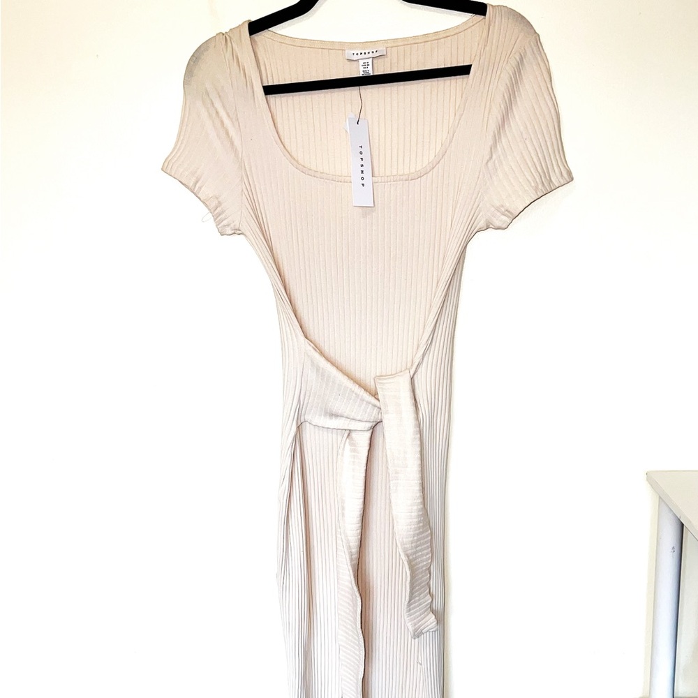 NWT Topshop Ribbed Tie-Front Midi Dress - Light Beige 0009